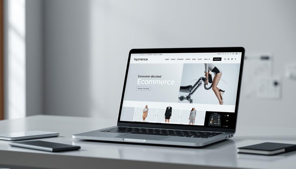 A high-quality, visually stunning ecommerce web design scene featuring a modern, responsive website displayed on a sleek laptop set on a clean, minimalist workspace. The website showcases a sophisticated, cohesive visual identity with elegant typography, captivating imagery, and intuitive navigation. Soft, diffused lighting enhances the scene's professional, aspirational atmosphere. In the background, subtle graphical elements and wireframe illustrations symbolize the technical expertise and custom solutions offered. The overall composition conveys the ideal of elevated ecommerce presence through expertly crafted web design.