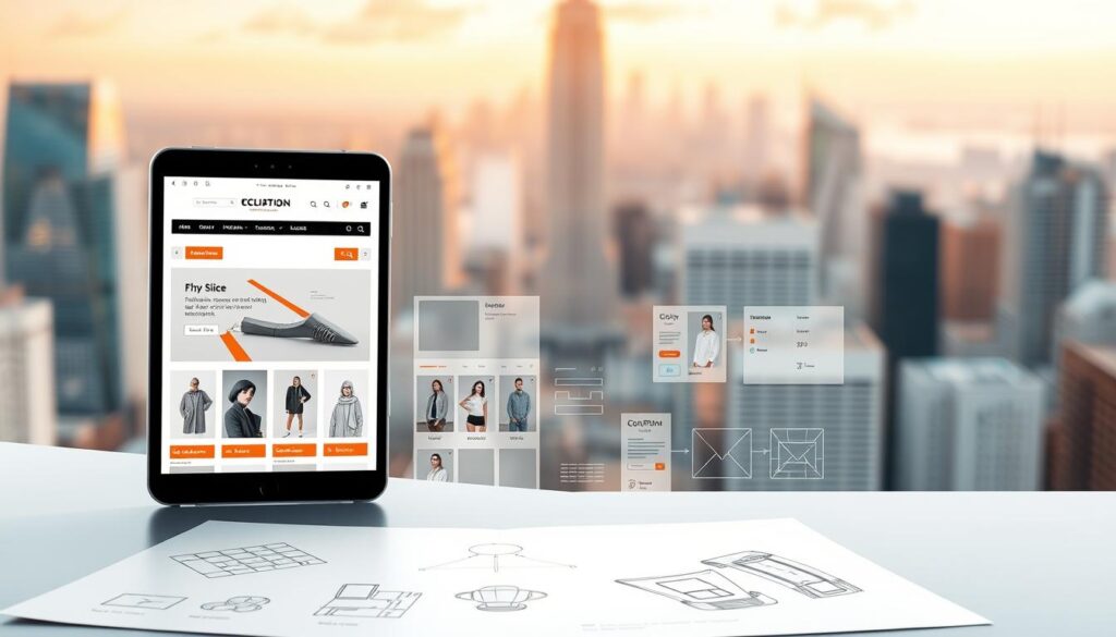 A modern and visually captivating ecommerce website design, showcasing clean and minimalist aesthetics. In the foreground, a responsive device mockup displays an online store interface with sleek product images, intuitive navigation, and prominent call-to-action buttons. The middle ground features wireframe diagrams and UI element sketches, hinting at the strategic planning and user-centric approach behind the design. The background depicts a blurred cityscape, symbolizing the digital landscape in which the ecommerce platform thrives. The scene is bathed in warm, natural lighting, creating a sense of professionalism and sophistication. Overall, the image conveys the power of thoughtful, strategic web design to elevate the ecommerce experience.
