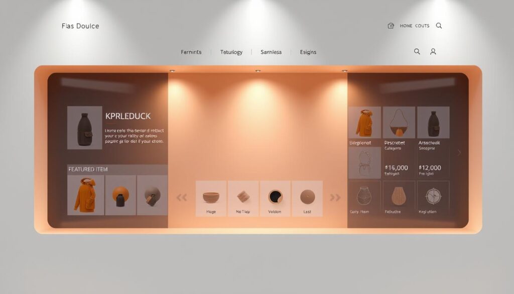 A sleek, modern user interface design for an ecommerce website. In the foreground, a clean, minimalist layout showcases various product categories and featured items. Warm, soft lighting gently illuminates the display, creating a welcoming atmosphere. The middle ground features a seamless navigation menu with intuitive icons and simple, user-friendly controls. In the background, a subtle, geometric pattern adds depth and visual interest, complementing the overall sophisticated aesthetic. The color palette is a harmonious blend of muted tones, conveying a sense of refined elegance. The composition is balanced, with ample whitespace to guide the user's eye and facilitate an effortless browsing experience.