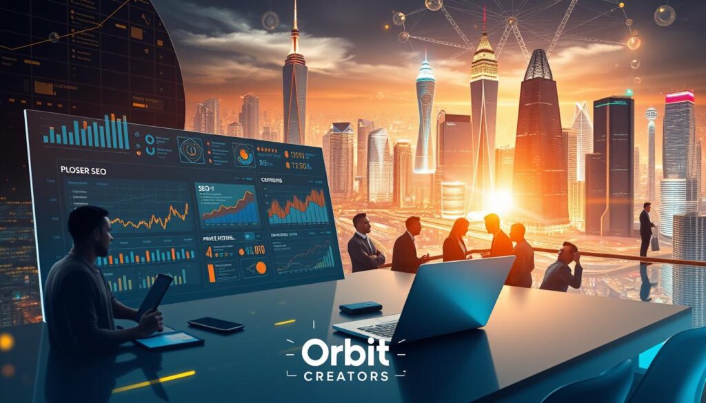 Detailed, high-quality digital marketing strategy illustration depicting the essential elements of SEO for website and digital marketing. Foreground features a digital dashboard with analytics, search engine rankings, and SEO optimization tools. Midground showcases a laptop, mobile devices, and team collaboration around a table. Background depicts a cityscape with skyscrapers and digital networks. Warm, futuristic lighting with a slight lens flare effect. Cinematic, authoritative mood that conveys the importance of SEO in elevating digital presence. Branding: &quot;Orbit Creators&quot;.