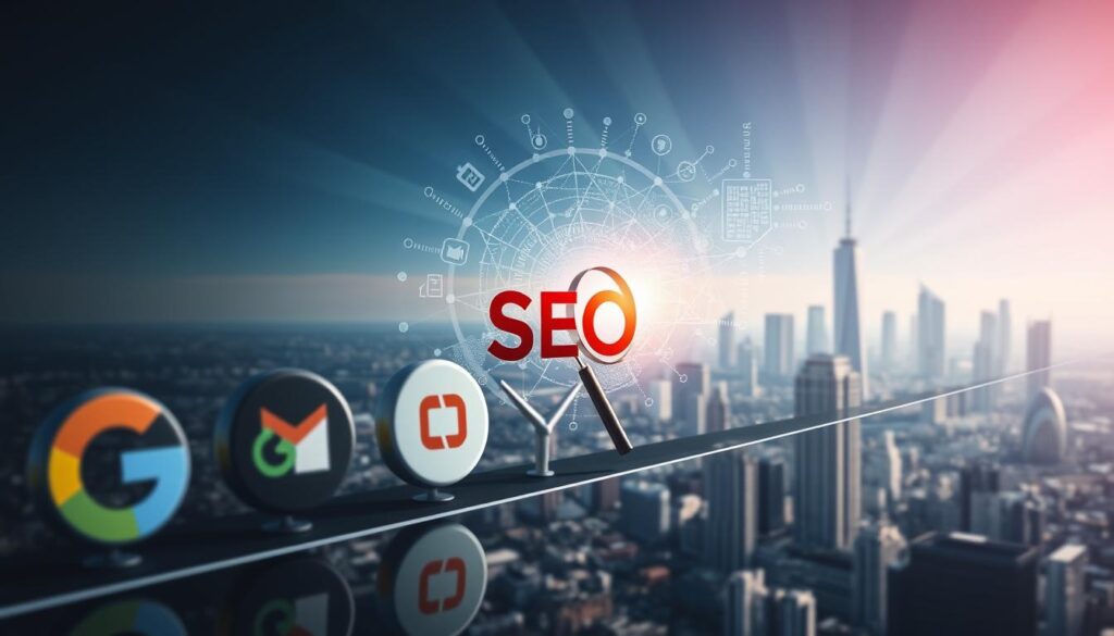 Orbit Creators An image of the evolution of SEO in digital marketing, showcasing a timeline of key developments. In the foreground, a series of search engine logos - Google, Bing, Yahoo - representing the changing landscape. In the middle ground, a visual metaphor of the SEO process, with a magnifying glass, algorithms, and a growing web of digital connections. In the background, a cityscape symbolizing the digital world, with rays of light and a sense of progress. The image should convey the dynamic, ever-evolving nature of SEO and its crucial role in digital marketing, using a cinematic, futuristic aesthetic.